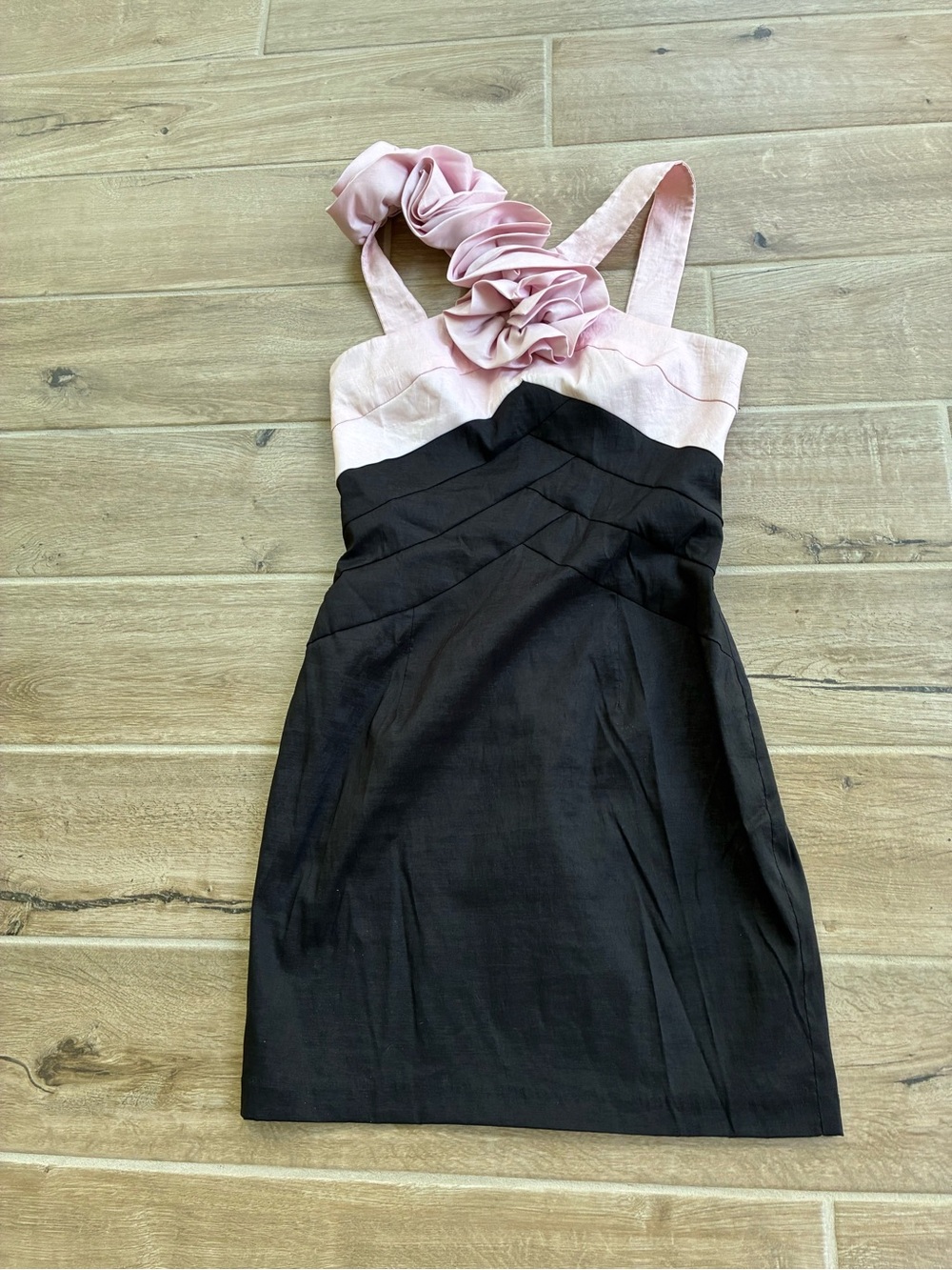 Pink and Black Floral-Accent Sheath Dress from Jessica McClintock - vintage